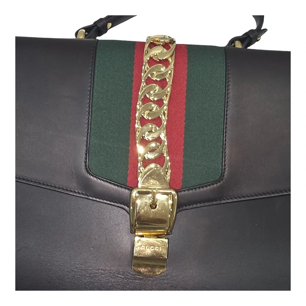 Gucci Sylvie 1969 leather handbag Maxi Size Black Striped Red Green Gold Chain